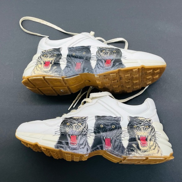 Gucci Rhyton Great White Tiger Leather Animal Print Logo Men's Sneakers Size 8 - Picture 6 of 10